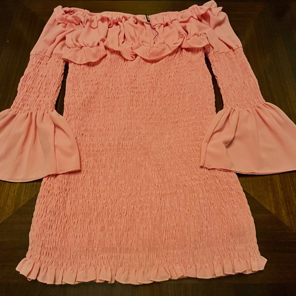 PrettyLittleThing Pink Chiffon Dress|Off The Shoulder|Bell Sleeves. Size 14